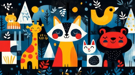 Stylized animals are positioned within a geometric forest setting