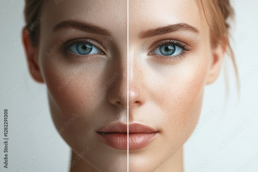 Poster womans face split between age and youth, showcasing wrinkles on one side and smooth skin on the othe