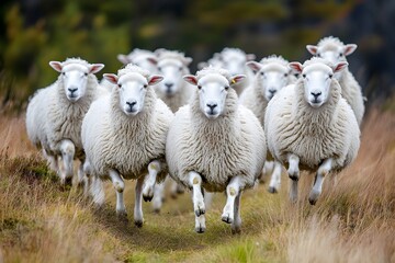 Obraz premium Cheerful on the Hillside A flock of sheep jumps merrily on the cool plateau, their white fur glistening in the morning sun, creating a soothing pastoral scene