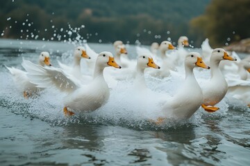 Obraz premium Low Noise on the Water Surface a flock of white ducks happily play, splashing the water with their wings as they compete to catch small waves on the lake's edge