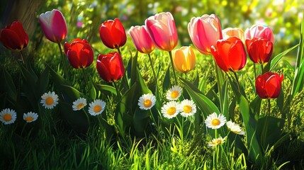Fototapeta premium Vibrant tulips and daisies in a lush spring meadow, bathed in sunlight.