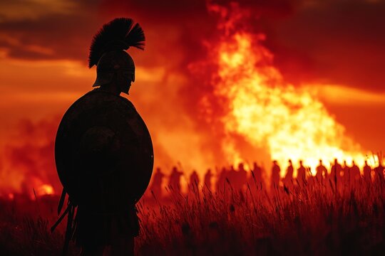 Warrior silhouetted against a fiery backdrop during an ancient battle at sunset near a large bonfire