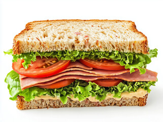 Classic Club Sandwich Cut in Half: Layers of Ham, Cheese, and Fresh Lettuce on Toasted Bread, Presented on a Clean White Background for a Delicious and Appetizing Food Display