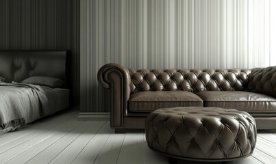 Brown leather Chesterfield sofa and ottoman in minimalist bedroom.