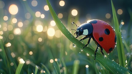 Close-up of a bright red ladybug on a dewy blade of grass in a sunlit field during early morning