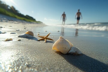 Obraz premium Two people walking along the shoreline with seashells and starfish scattered on the sand during a sunny day