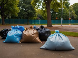 Big plastic trash bags near the fence of playground. Urban environment pollution Garbage collection.