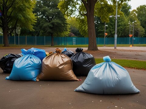 Big plastic trash bags near the fence of playground. Urban environment pollution Garbage collection.
