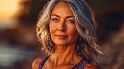 Fototapeta premium Portrait of a woman with gray hair, golden hour lighting.