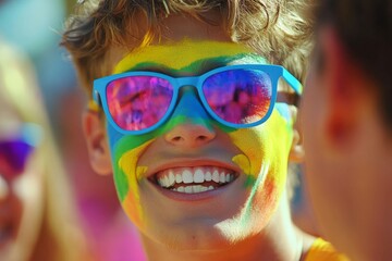 Colorful celebration with painted faces and cheerful people at a vibrant outdoor festival during sunny day