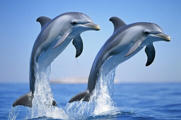 Fototapeta premium Dolphins leap gracefully above the ocean surface in bright daylight