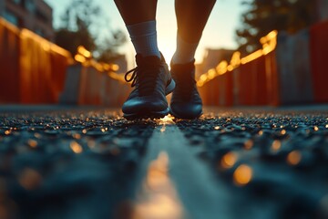 Fototapeta premium Evening jogger steps on a textured pathway with warm sunlight illuminating the scene