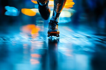 Skater glides smoothly on wet pavement at night with colorful city lights in the background