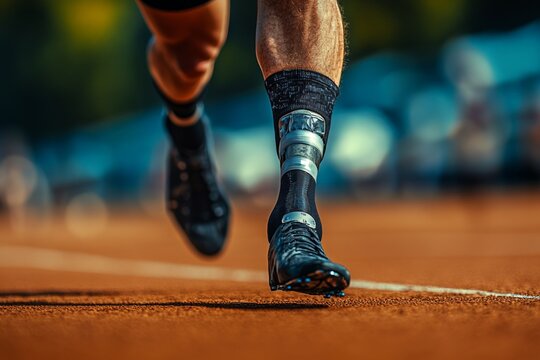 Runner sprints on a dirt track with a prosthetic leg during a bright sunny day in a competitive event