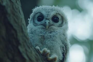 Young owl perched on a tree branch in a serene forest setting during early morning light