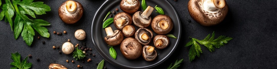Close-up of a plate of mushrooms, herbs, and peppercorns. Dark background, rich colors.
