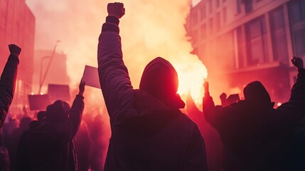 Crowd protesting on street at night holding banners and raising fists