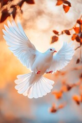 White dove in flight, wings spread wide against a warm, autumnal backdrop.