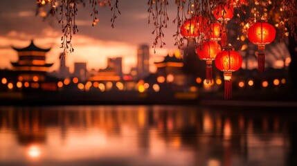 National Day in China. Red lanterns illuminate a city skyline at sunset. Festive and serene.