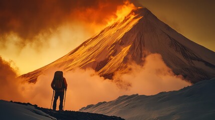 Fototapeta premium Kamchatka Peninsula, Russia A backpacker stands near an active volcano, steam rising from the rugged, fiery landscape.