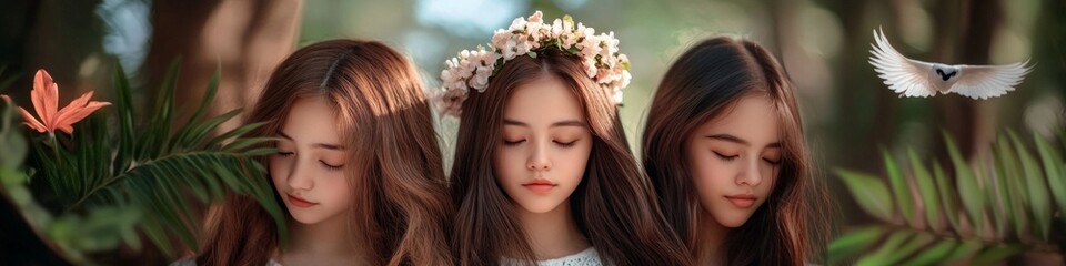 Naklejka premium Three young girls with long brown hair, one wearing a flower crown, stand close together in a serene outdoor setting.