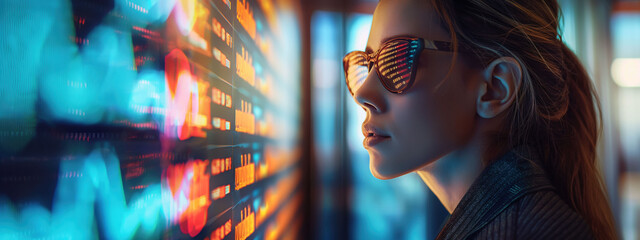 Businesswoman uses virtual reality to analyze data in a modern office setting with glowing interfaces reflecting on her glasses