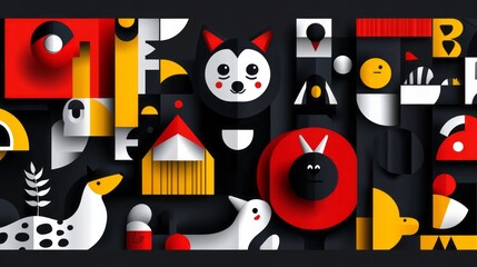 Abstract composition depicts various animals using geometric shapes and colors