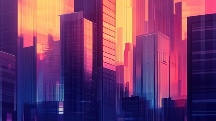 Fototapeta premium Cityscape sunset, skyscrapers, urban, illustration, background, design