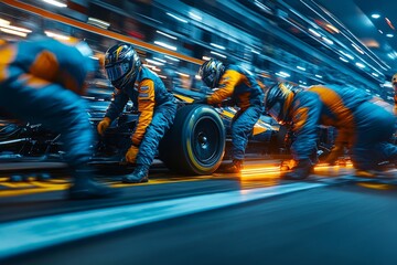 Team performs pit stop during a high-speed motor race at a vibrant night circuit with bright lights and intense energy