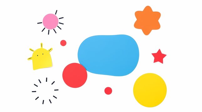 A playful graphic on an immaculate white background, incorporating whimsical shapes and a cheerful color scheme.