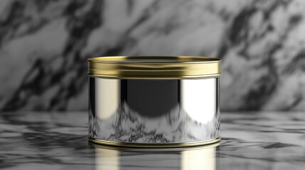 Elegant Shiny Metal Jar with Golden Accents on a Marble Surface and Smooth Texture