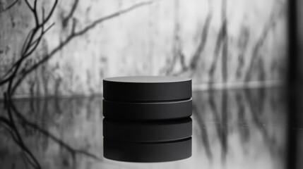 Monochrome Still Life With Black Cylindrical Podium and Abstract Background