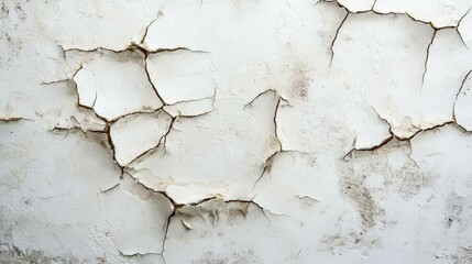 Fototapeta premium Detailed close up of a cracked and peeling white wall, showcasing texture and imperfections that evoke a sense of age and decay