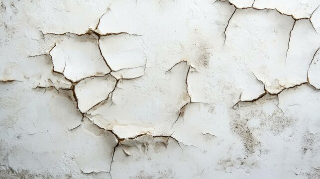 Detailed close up of a cracked and peeling white wall, showcasing texture and imperfections that evoke a sense of age and decay