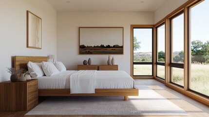 A serene, modern bedroom featuring a wooden bed, minimalist decor, and large windows allowing natural light and views of the outdoors.