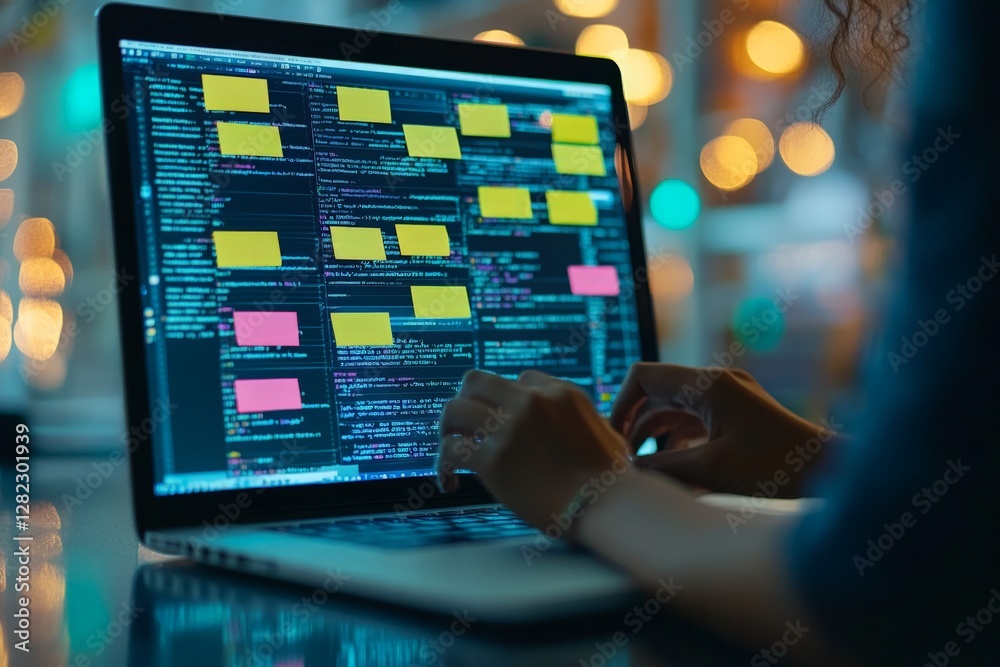 Poster coding session at night with sticky notes on laptop screen highlighting important tasks