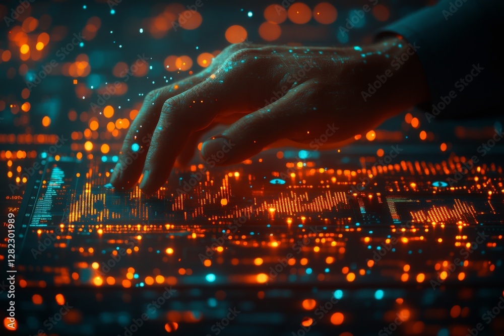 Poster hand interacting with glowing digital interface displaying data visualizations at night