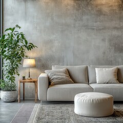 A modern living room featuring a cozy sofa, decorative cushions, a stylish lamp, a potted plant, and a chic rug against a textured gray wall.
