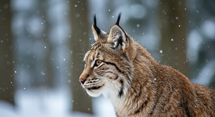 Obraz premium Lynx Portrait in Winter Snowfall Profile View Wildlife Animal