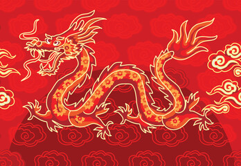 Batik design with dragon motif with dragon, cloud and flower background. Mandarin translation: Dragon