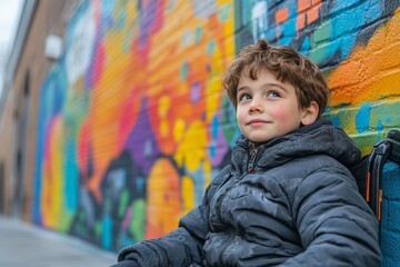 Fototapeta premium Child smiles against colorful mural in urban setting during a cool day in spring