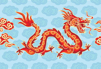 Batik design with dragon motif with dragon, cloud and flower background. Mandarin translation: Dragon
