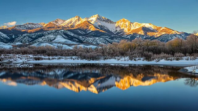 Winter's Embrace, Majestic Peaks Reflected on a Tranquil Frozen River