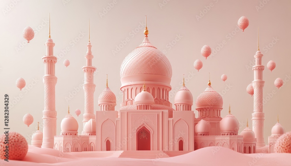 Poster pink architectural structure against a soft background featuring domes minarets and floating spheric