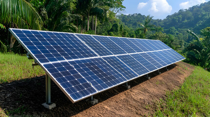 Solar panels on hillside, jungle backdrop, renewable energy