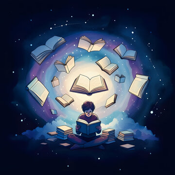 Illustrated cosmic reading scene with swirling books around meditative reader dreamlike universe story immersion concept