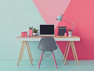 Colorful workspace with modern desk, plants, and creative supplies enhancing productivity