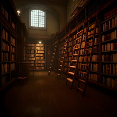 Dimly lit antique library with towering shelves wooden ladders and old books vintage reading ambience knowledge sanctuary