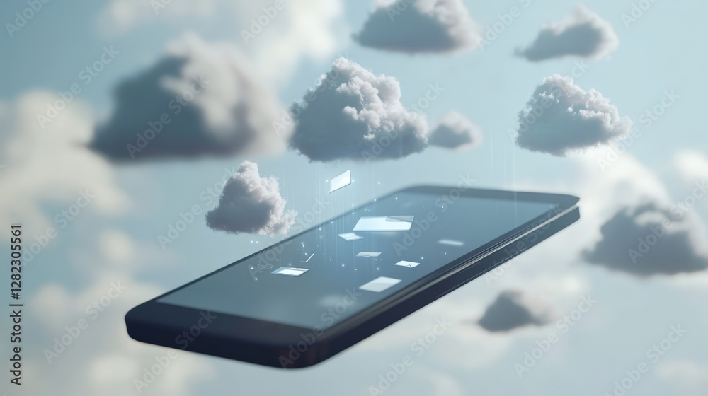 Poster data is transferring between a smartphone and multiple cloud servers, symbolizing cloud computing, d