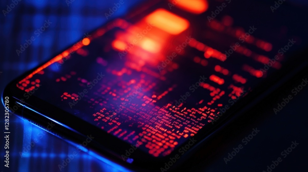 Poster computer code and cryptography are displayed on a smartphone screen, illuminated by red and blue lig